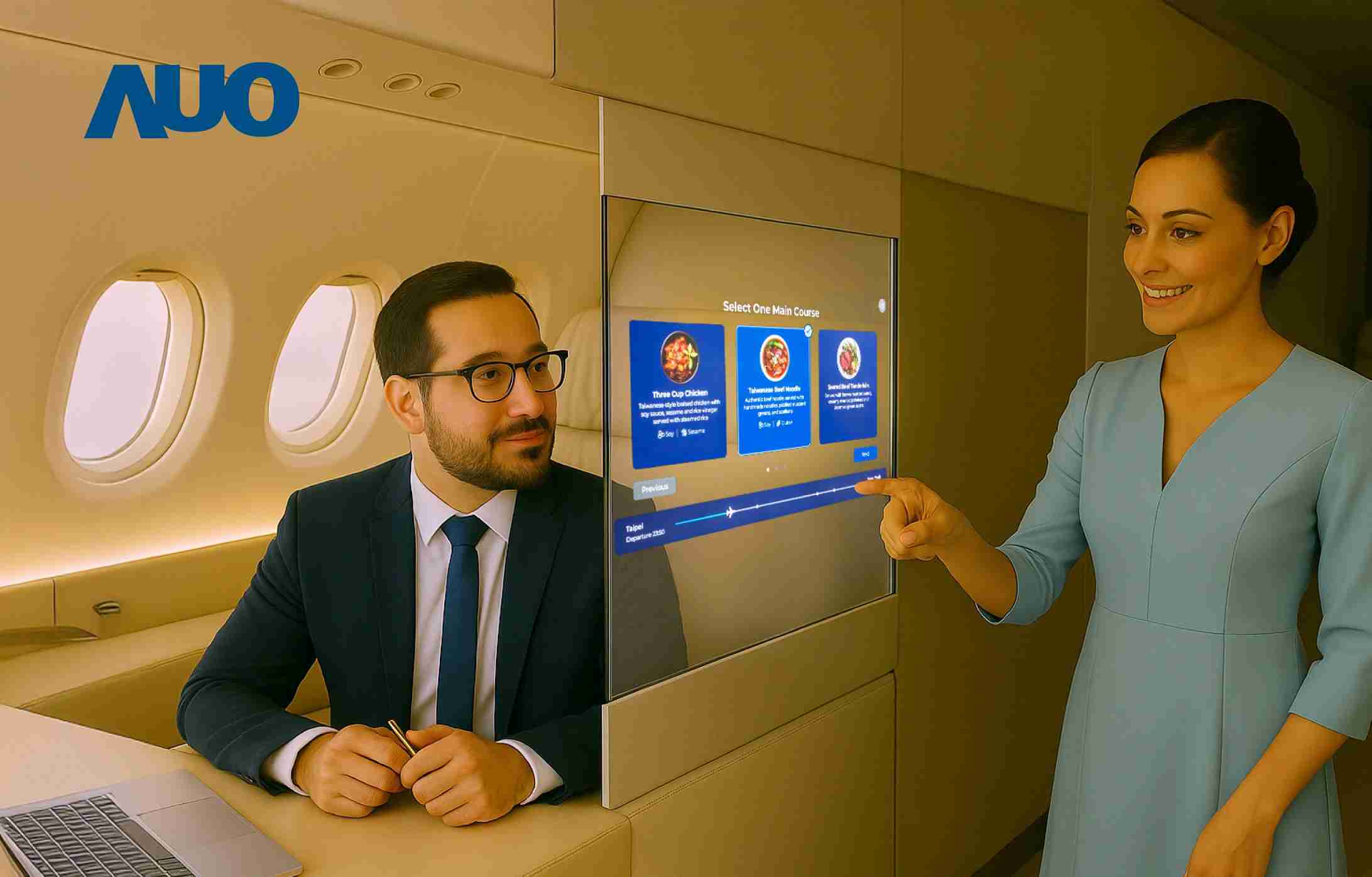 MG电玩研发全球最薄17.3 吋双面透明 Micro LED 显示器，，，，可在同一屏幕之双边投射不同信息，，，创造独特的”透明化”互动；图为实时翻译交流应用情境